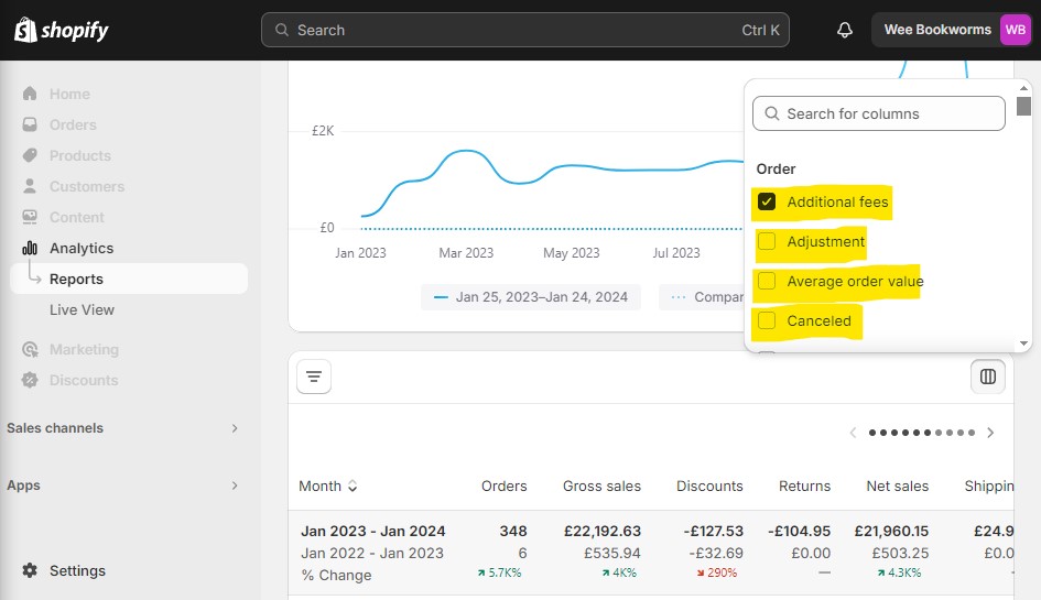 Add or Remove Columns in your Shopify Reports